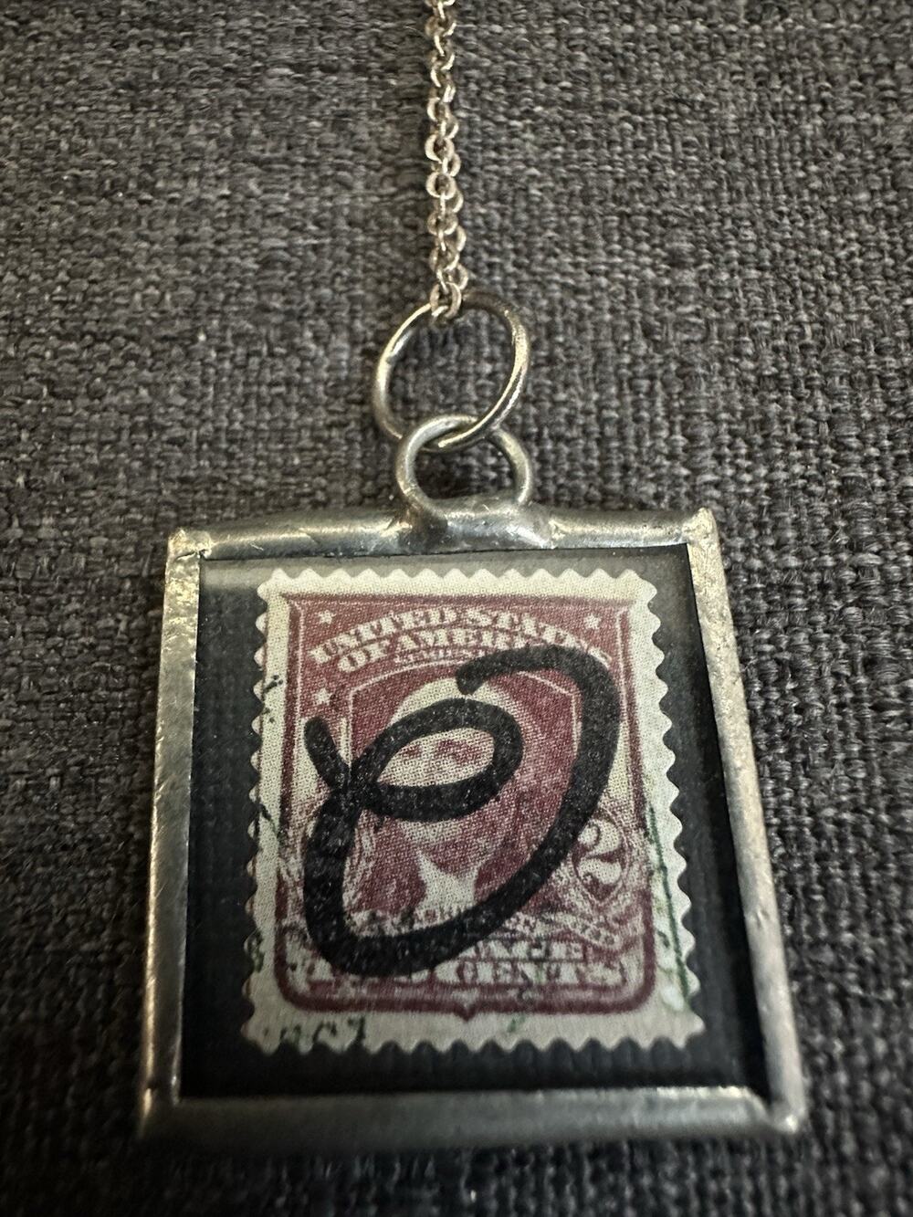 Reversible Initial O Postage Stamp Square Pendant Necklace Silver Tone